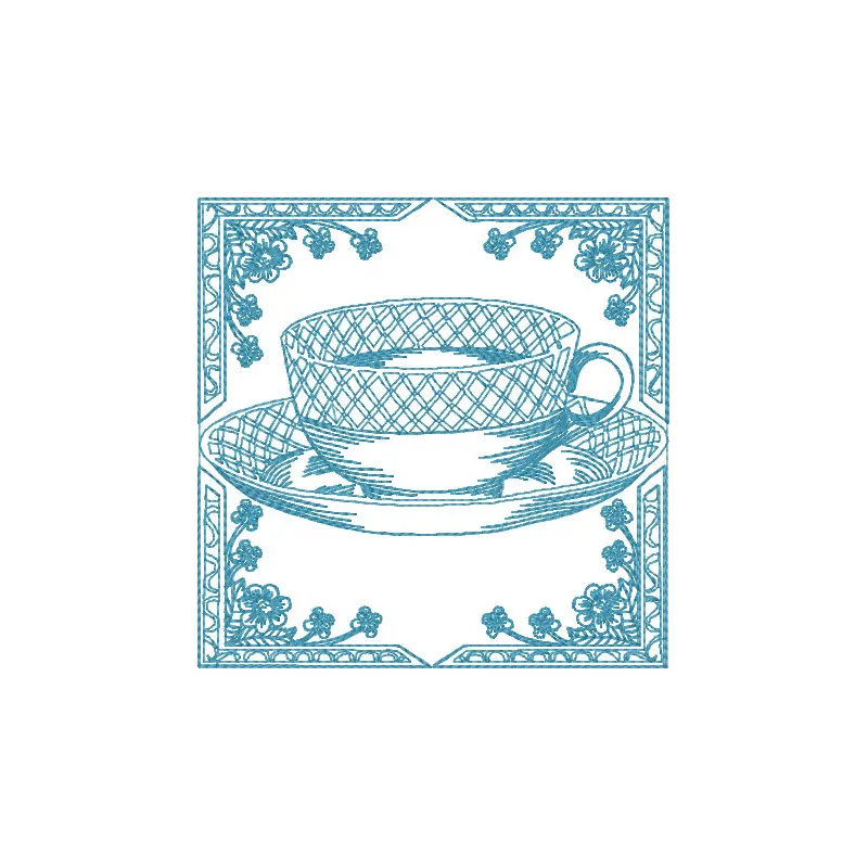 Vintage cup embroidery design showcasing intricate stitching patterns for kitchen-themed projects.