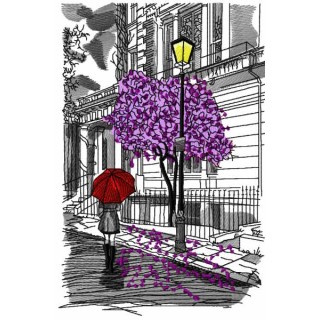 City rain girl under umbrella jacaranda embroidery design - Embroidery Design