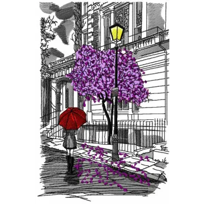 City rain girl under umbrella jacaranda embroidery design showcasing a scenic travel motif for creative stitching.