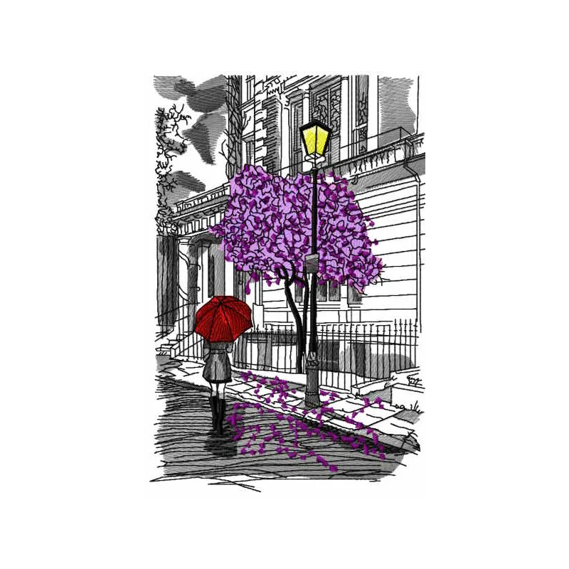 City rain girl under umbrella jacaranda embroidery design showcasing a scenic travel motif for creative stitching.
