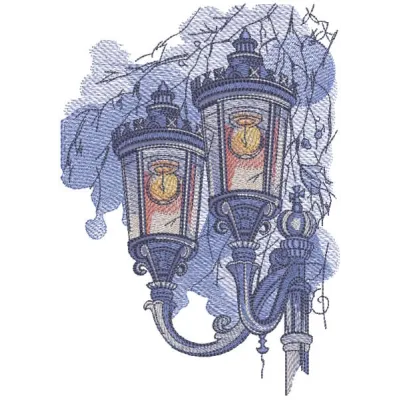 Embroidery design featuring city lanterns illuminating an evening alley, perfect for scenic projects.