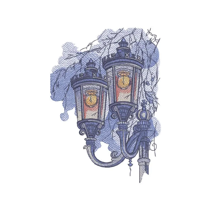 Embroidery design featuring city lanterns illuminating an evening alley, perfect for scenic projects.