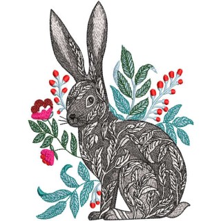 Hare in flowers berries decorated leaves embroidery design - Embroidery Design