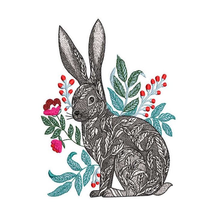 Hare in flowers berries decorated leaves embroidery design - Embroidery Design