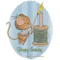 Seamstress mouse birthday embroidery design featuring a charming mouse with sewing tools, perfect for festive projects.