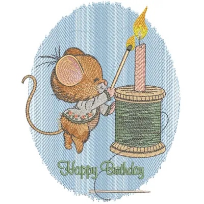 Seamstress mouse birthday embroidery design featuring a charming mouse with sewing tools, perfect for festive projects.