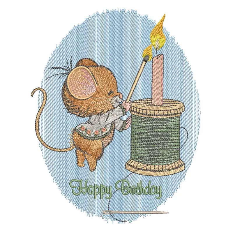 Seamstress mouse birthday embroidery design featuring a charming mouse with sewing tools, perfect for festive projects.