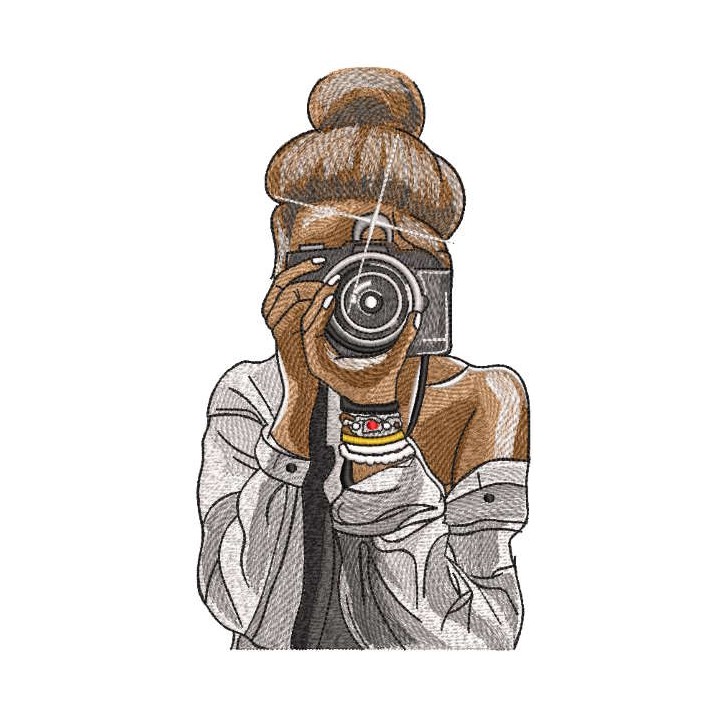 Tanned girl photographer at work embroidery design - Embroidery Design