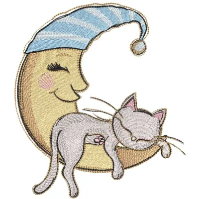 Crescent rocking a sleeping cat embroidery design, showcasing whimsical stitched motifs for creative projects.