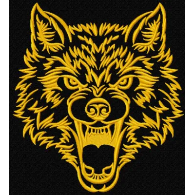 Angry wolf muzzle embroidery design showcasing intricate details, ideal for jackets, bags, and apparel.