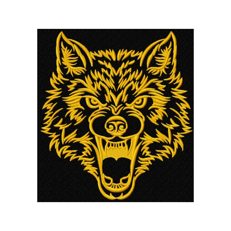Angry wolf muzzle embroidery design showcasing intricate details, ideal for jackets, bags, and apparel.