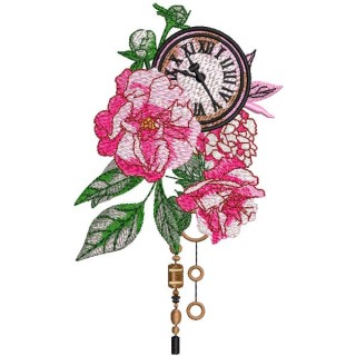 Vintage clock in rose garden embroidery design - Embroidery Design