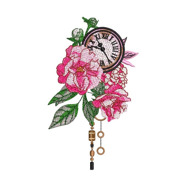 Vintage clock in rose garden embroidery design - Embroidery Design