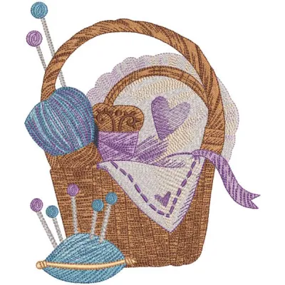 Embroidery design featuring a cozy knitting basket and needle cushion, perfect for home and hobby projects.