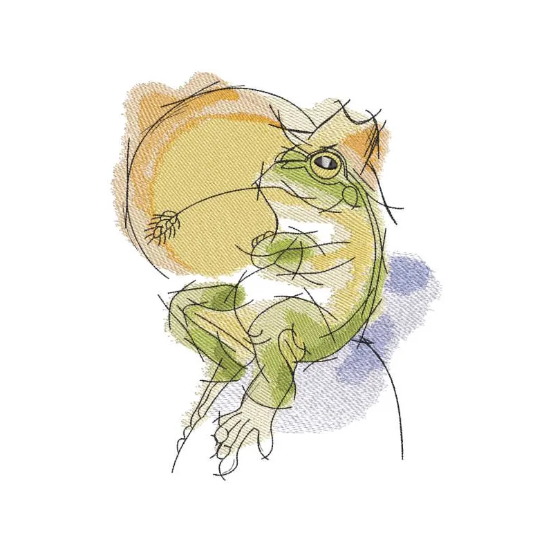 Frog with wheat ear embroidery design showcasing a playful frog motif among decorative wheat elements.