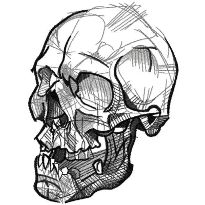 Greascale sketching skull embroidery design showcasing intricate details, ideal for unique stitching projects.
