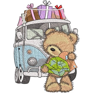 Teddy bear with map near to minibus embroidery design - Embroidery Design