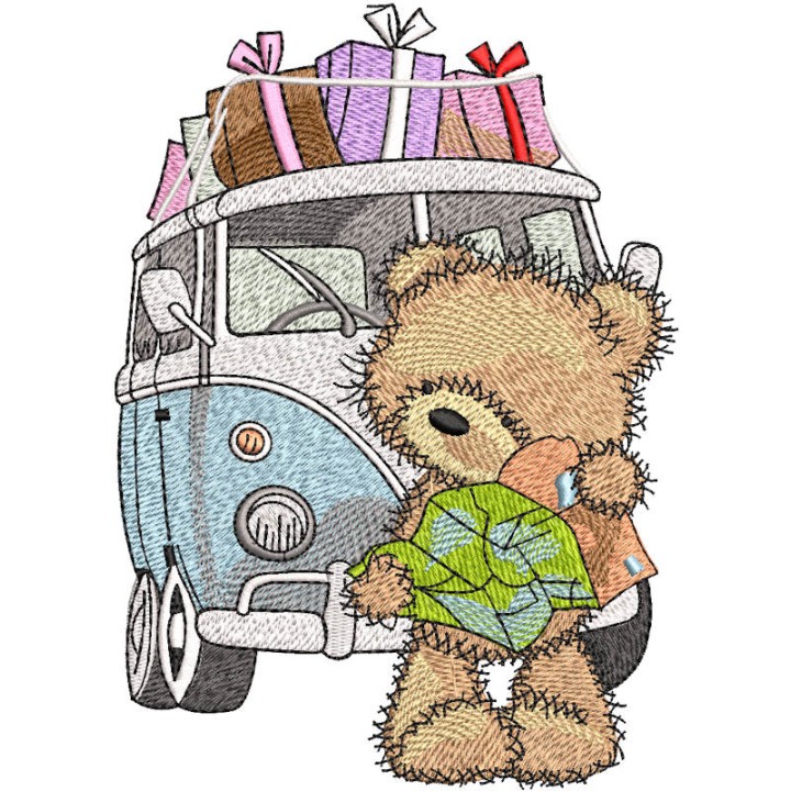Teddy bear with map near to minibus embroidery design - Embroidery Design