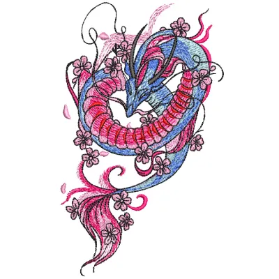 Flying oriental dragon embroidery design showcasing intricate stitching patterns and vibrant details.