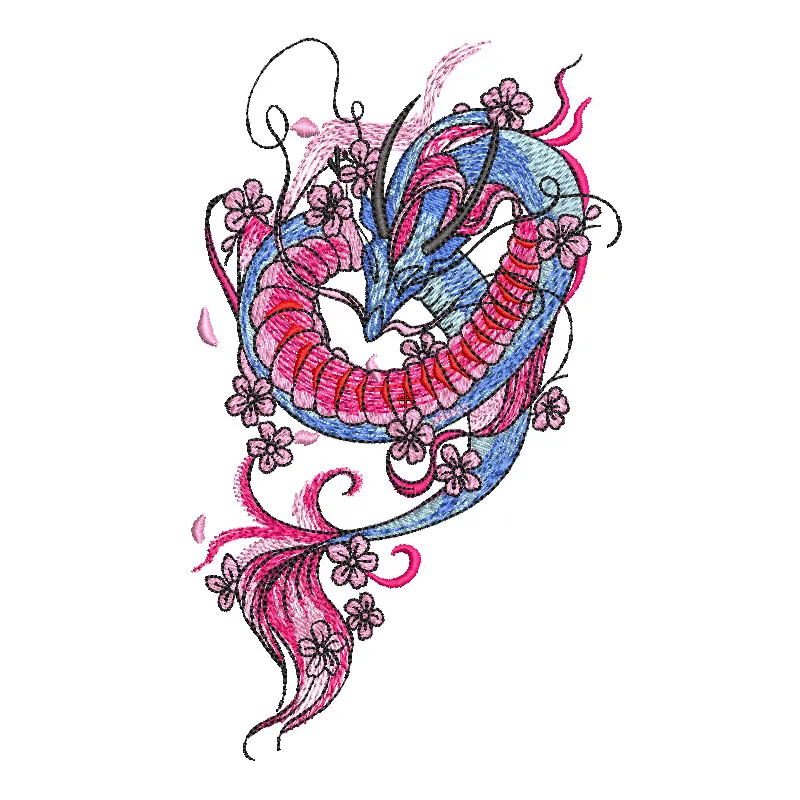 Flying oriental dragon embroidery design showcasing intricate stitching patterns and vibrant details.