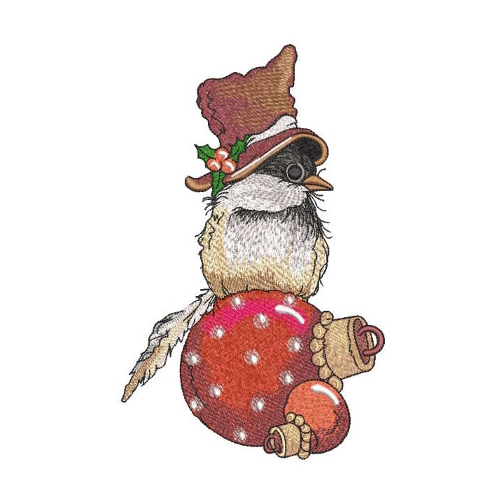 Bird in top hat sitting Christmas ball embroidery design - Embroidery Design