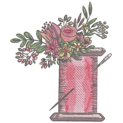 Vintage embroidery design featuring a spool of thread and needle nestled among colorful flowers.