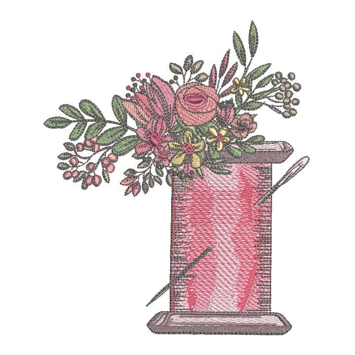 Spool thread, needle in flowers vintage embroidery design - Embroidery Design