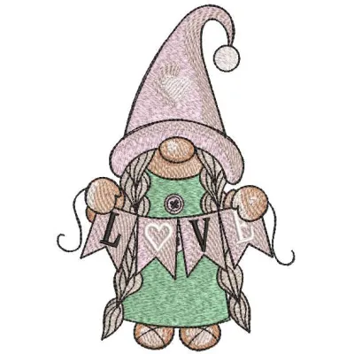 Gnome girl garland love embroidery design showcasing whimsical gnome motifs perfect for creating charming decorations.