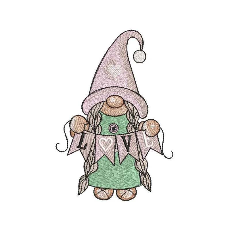 Gnome girl garland love embroidery design showcasing whimsical gnome motifs perfect for creating charming decorations.