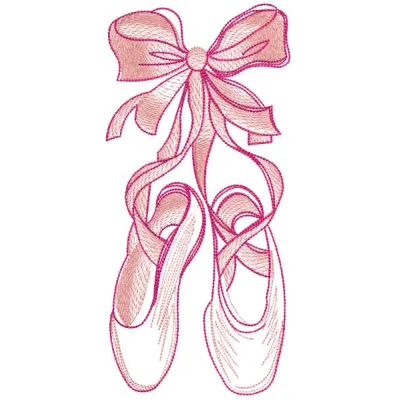 Embroidery design of pink pointe shoes, ideal for ballet enthusiasts, featured on a decorative background.