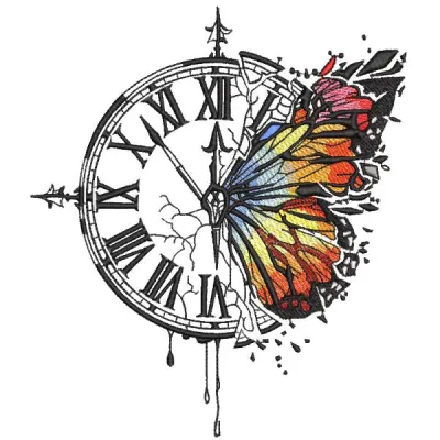 Butterfly embroidery design titled 'Ten Minutes Before Midnight', showcasing intricate stitching patterns for ornaments.