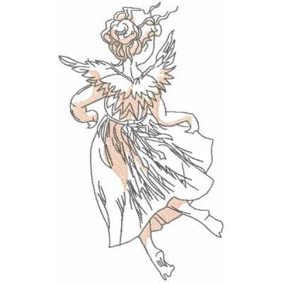 Dancing angel vintage sketch embroidery design showcasing intricate details, perfect for various fabric projects.