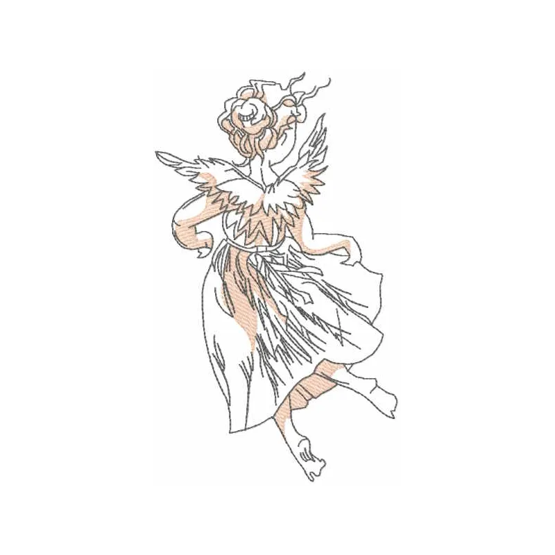 Dancing angel vintage sketch embroidery design showcasing intricate details, perfect for various fabric projects.