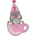 Embroidery design featuring a romantic gnome nestled in a pink mug, perfect for stitching on crafts.