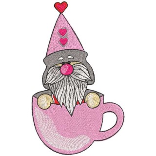 Romantic gnome in pink mug embroidery design - Embroidery Design