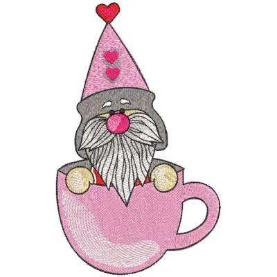Embroidery design featuring a romantic gnome nestled in a pink mug, perfect for stitching on crafts.