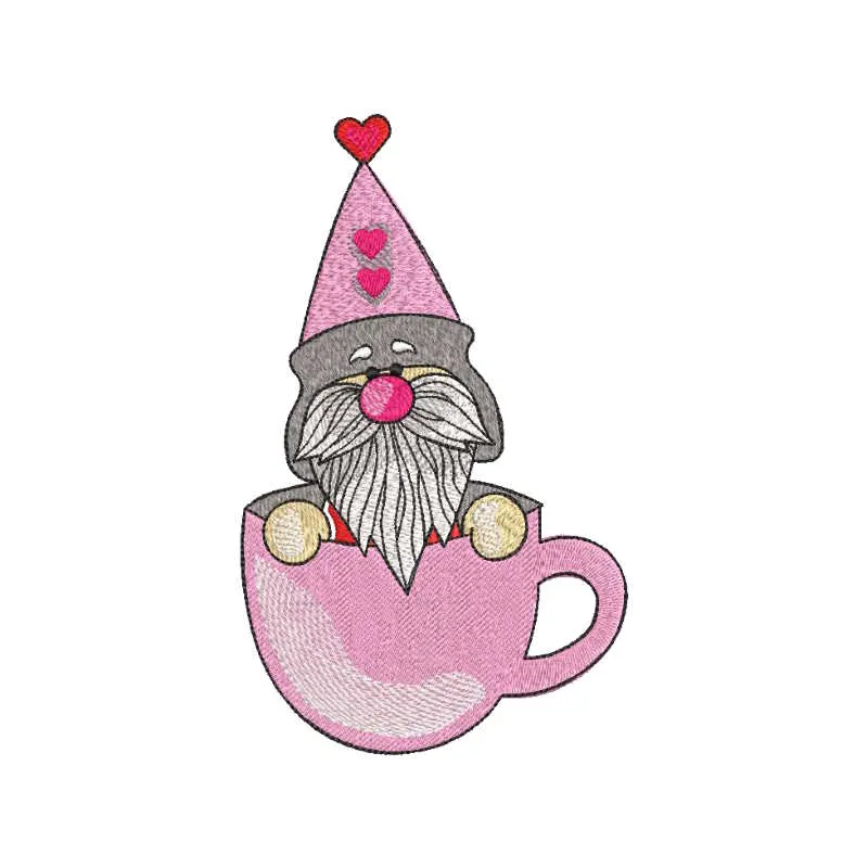 Embroidery design featuring a romantic gnome nestled in a pink mug, perfect for stitching on crafts.