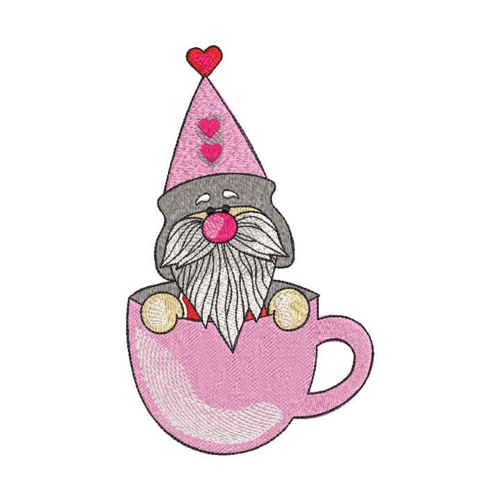 Romantic gnome in pink mug embroidery design - Embroidery Design