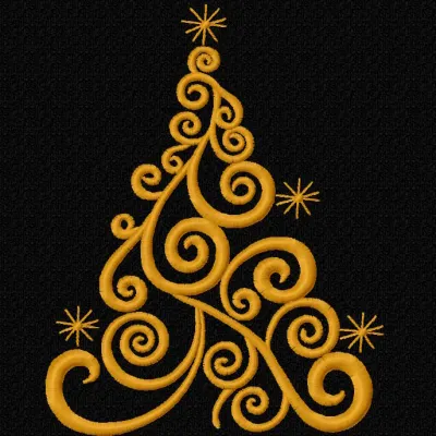 Golden swirl Christmas tree embroidery design showcasing intricate stitching patterns for festive projects.