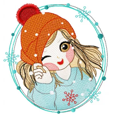 Funny Winter girl embroidery design featuring a cheerful character in winter attire, perfect for holiday projects.