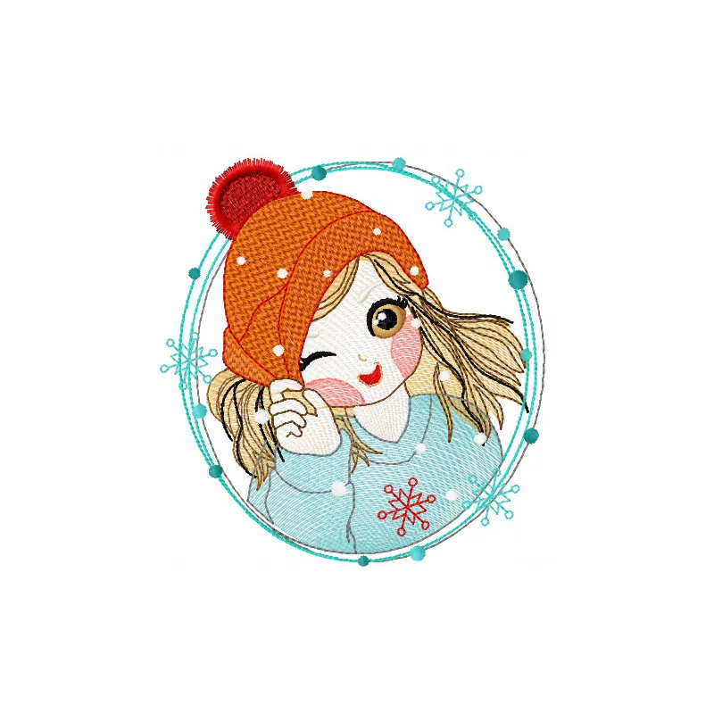 Funny Winter girl embroidery design featuring a cheerful character in winter attire, perfect for holiday projects.