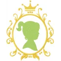 Embroidery design featuring a girl in a gold frame, ideal for stitching on apparel or home decor.