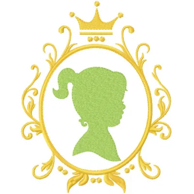 Embroidery design featuring a girl in a gold frame, ideal for stitching on apparel or home decor.