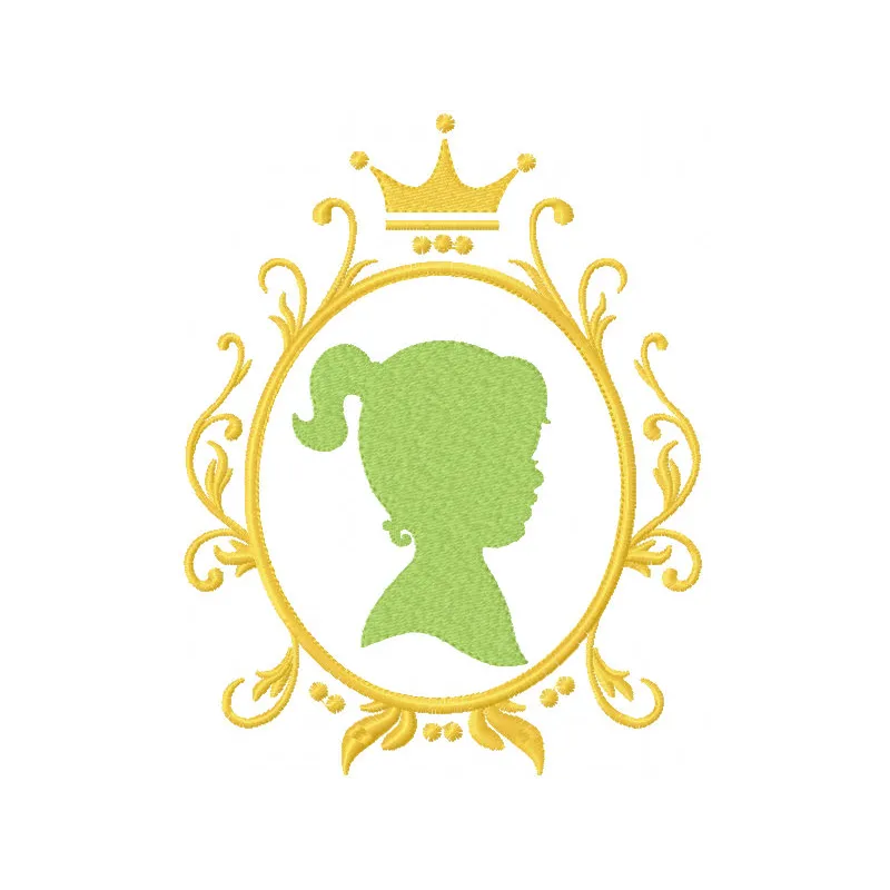 Embroidery design featuring a girl in a gold frame, ideal for stitching on apparel or home decor.