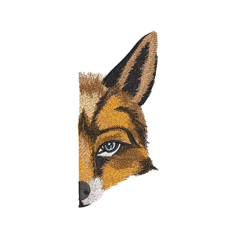 Fox forest predator half muzzle embroidery design showcasing intricate stitching patterns of a fox's face.
