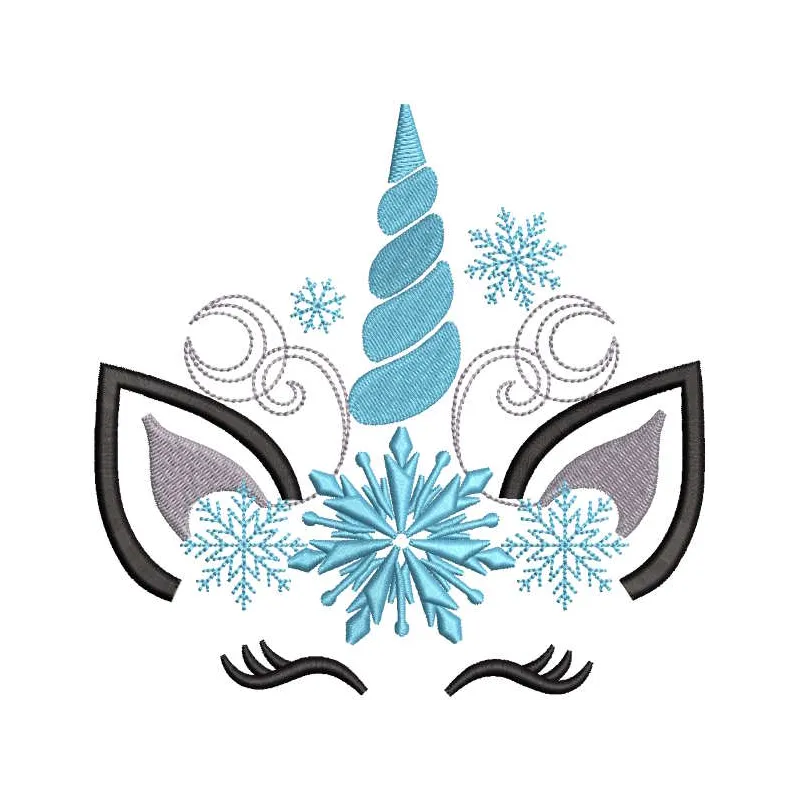 Crystal snow time unicorn embroidery design featuring a whimsical unicorn amidst a snowy scene.