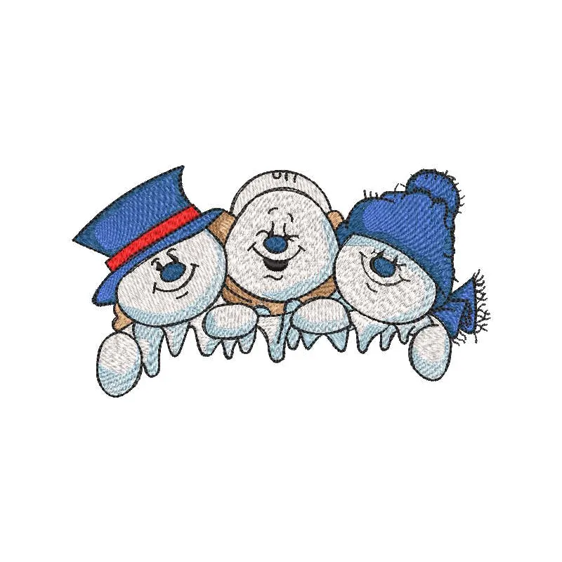 Cheerful snowmen embroidery design for winter, showcasing playful snowman motifs perfect for festive projects.