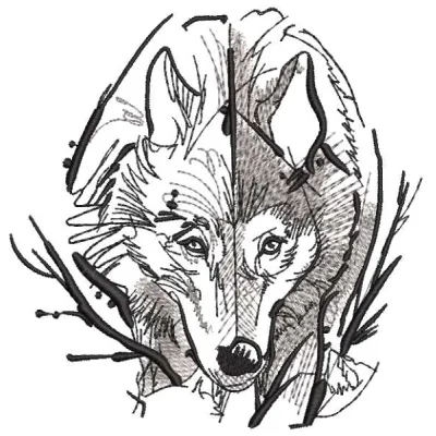 Wolf time pencil sketch embroidery design showcasing a detailed wolf motif for creative stitching projects.