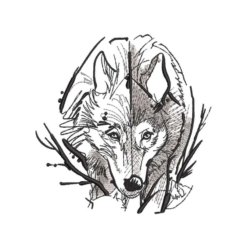 Wolf time pencil sketch embroidery design showcasing a detailed wolf motif for creative stitching projects.