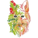 Wolf hidden in autumn foliage embroidery design showcasing intricate stitching patterns in vibrant colors.